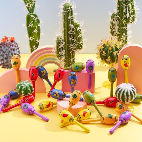 JOYIN 24 Mini Wooden Fiesta Maracas 6 Designs Noisemaker for Mexican Fiesta, Cinco De Mayo Party Favors, Musical Fun, Birthday Parties, Luau Party, Carnivals, Taco Tuesday Event