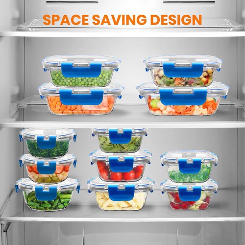 24-Piece Glass Food Storage Containers - Stackable Superior Glass Meal-prep Containers w/Newly Innovated Hinged BPA-Free 100% Leakproof Locking Lids - Freezer-to-Oven-Safe - NutriChef NCGLBU.5 (Blue)