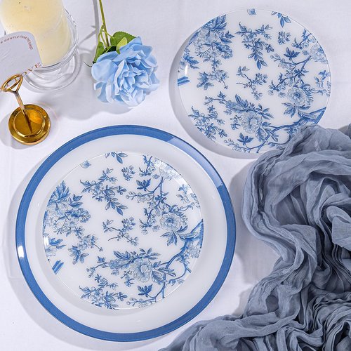 EI 60pcs Blue and White Floral Plastic Plates Fancy Blue Floral Disposable Heavy Duty,10.25inch Dinner Plate and 7.5inch Dessert Plate,Disposable Nice Plastic Plates for Party,Wedding(Value,Elegant )