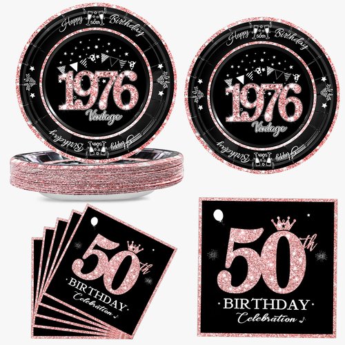 algpty 60 PCS Vintage 50th Birthday Plates and Napkins Set, 50th Birthday Decorations Rose Gold, Service for 30, 1976 Birthday Dessert Plates and Napkins Party Supplies for Women
