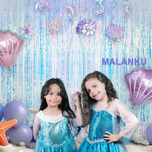 MALANKU Iridescent Streamers - Fringe Tinsel Backdrop Curtain for Mermaid Birthday Parties | 2 Packs, 3.3ft x 6.5ft