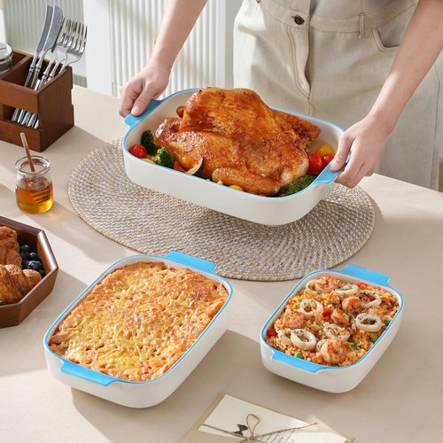 MALACASA Casserole Dishes Set - Ceramic Baking Pans with Handles | 3-Piece Rectangular Bakeware Set, White with Blue Trim (13.8''/11.7''/9.4'')