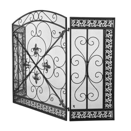 BEAMNOVA Black Decorative Fireplace Screen, 52.4 x 30.7 in, Heraldic Lily, 3-Panel Freestanding Folding Spark Guard Mesh, Heavy-Duty Fire Screen for Indoor Fireplaces Outdoor Fire Pits