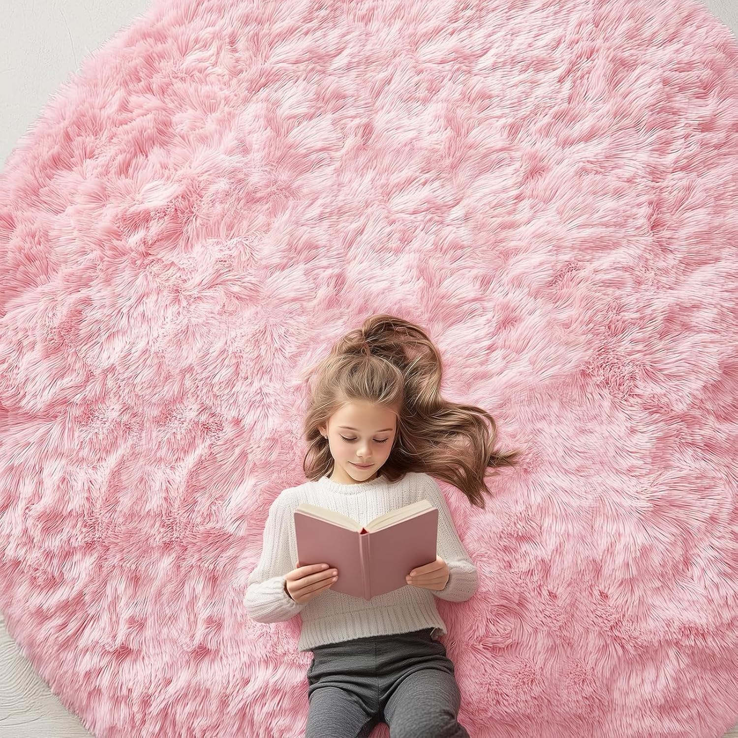 OLANLY Pink Round Area Rug - Soft, Fluffy, Machine Washable 8 ft Circle Carpet for Bedroom & Nursery Decor
