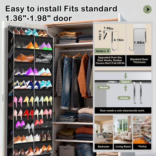 Kotkn 10-Tier Over the Door Shoe Organizer, 20 Pockets Holds 20-30 Pairs, Heavy-Duty Oxford Fabric with Hexagon Mesh for Boots & Sneakers-Black