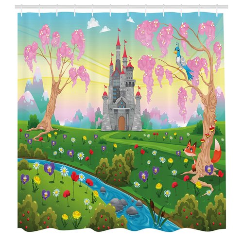 Ambesonne Cartoon Shower Curtain, Tale Castle Scenery in Floral Garden Girls Fantasy Picture, Cloth Fabric Bathroom Decor Set with Hooks, 69" W x 70" L, Pink Blue
