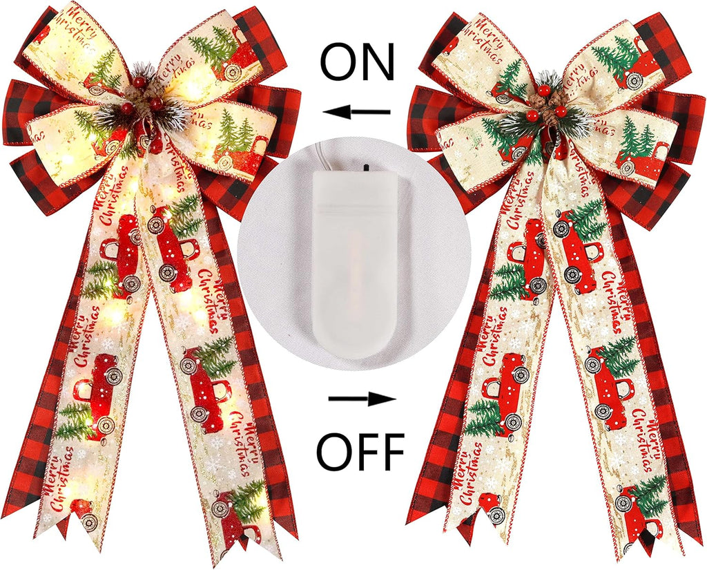 Regine Switzerland Christmas Tree Topper Bow - 30 LED Lights, Large 13”x25” Red Black Buffalo Plaid Design