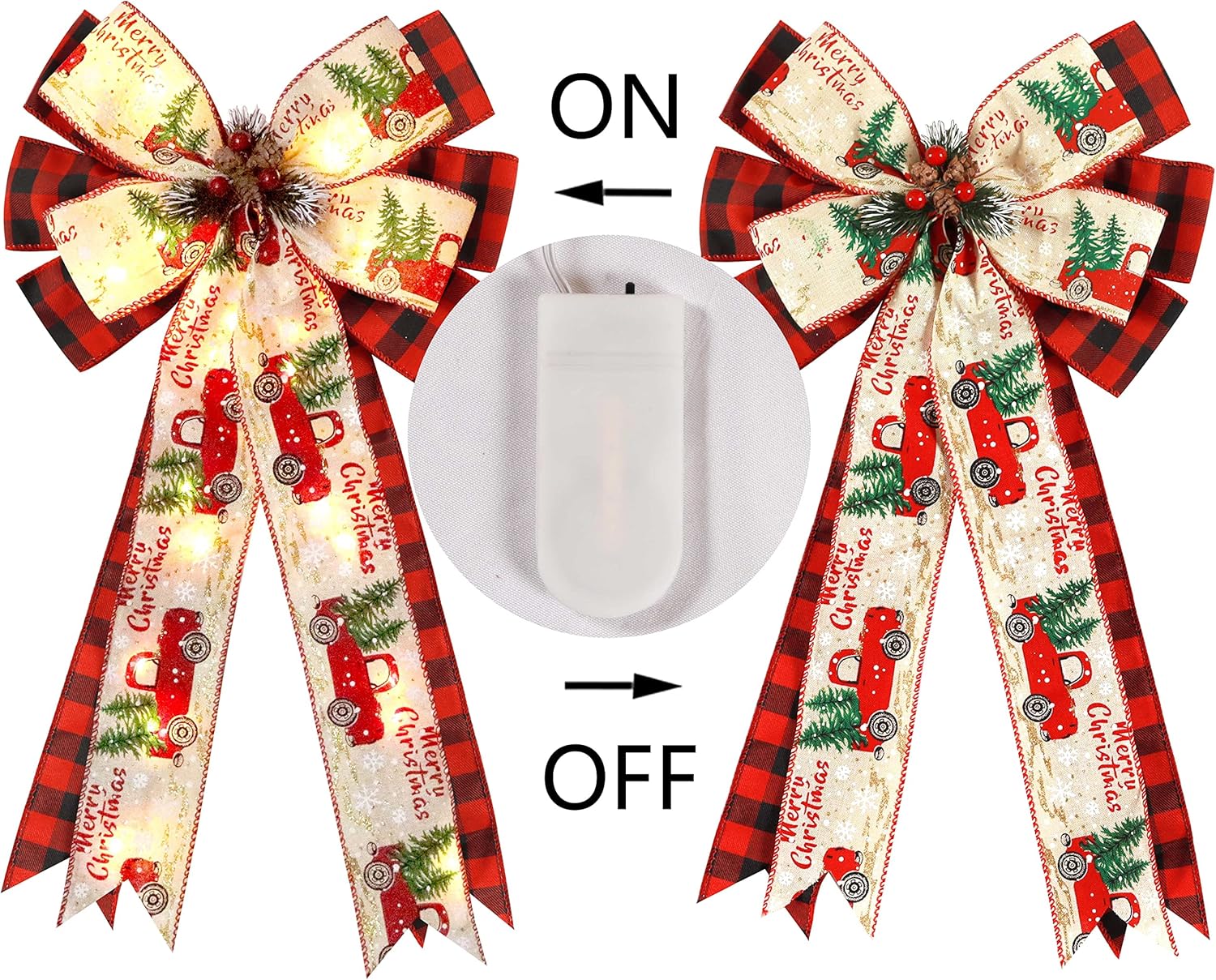 Regine Switzerland Christmas Tree Topper Bow - 30 LED Lights, Large 13”x25” Red Black Buffalo Plaid Design