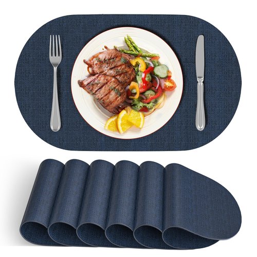 DOLOPL Placemats Set of 6, Oval Reversible Wipeable & Heat Resistant Place Mats, Modern Faux Leather Table Mats for Kitchen, Neutral Tablemats for Dining Table Decor, Wedding, Party(Navy Blue)