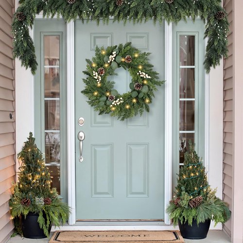 Christmas Wreath with Lights 24 Inch Real Touch Pine Wreath with White Berries/Pine Cone Prelit Christmas Wreaths for Front Door Outdoor Christmas Decorations Winter Wreath for Home Indoor Holiday
