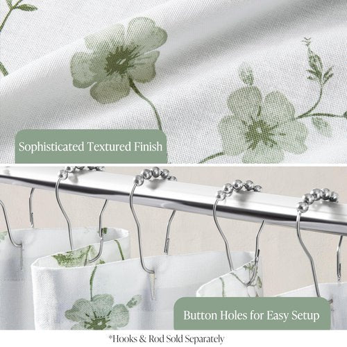 Martha Stewart Martha's Garden Shower Curtain Botanical Floral Print Cotton Shower Curtain for Bathroom, Spa Quality Modern Shower Curtains Standard Size, 72x72 Sage Green