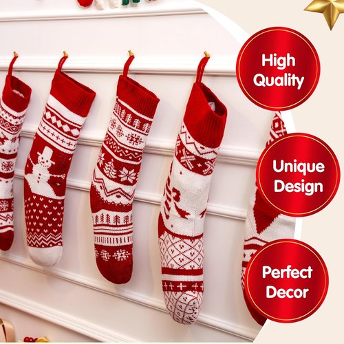 JOYIN 6 Pack Christmas Knit Stockings - Large Rustic Yarn Design with Snowflake & Reindeer | 18" Holiday Decor