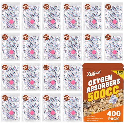 Zeefpod 400 Count 500cc Oxygen Absorbers, 10 Individually Vacuum Sealed Packs with Oxygen Indicator, Mylar Bag Food Storage, Canning Jars, Freeze Dryer Storage, Dehydrated and Preserved Foods
