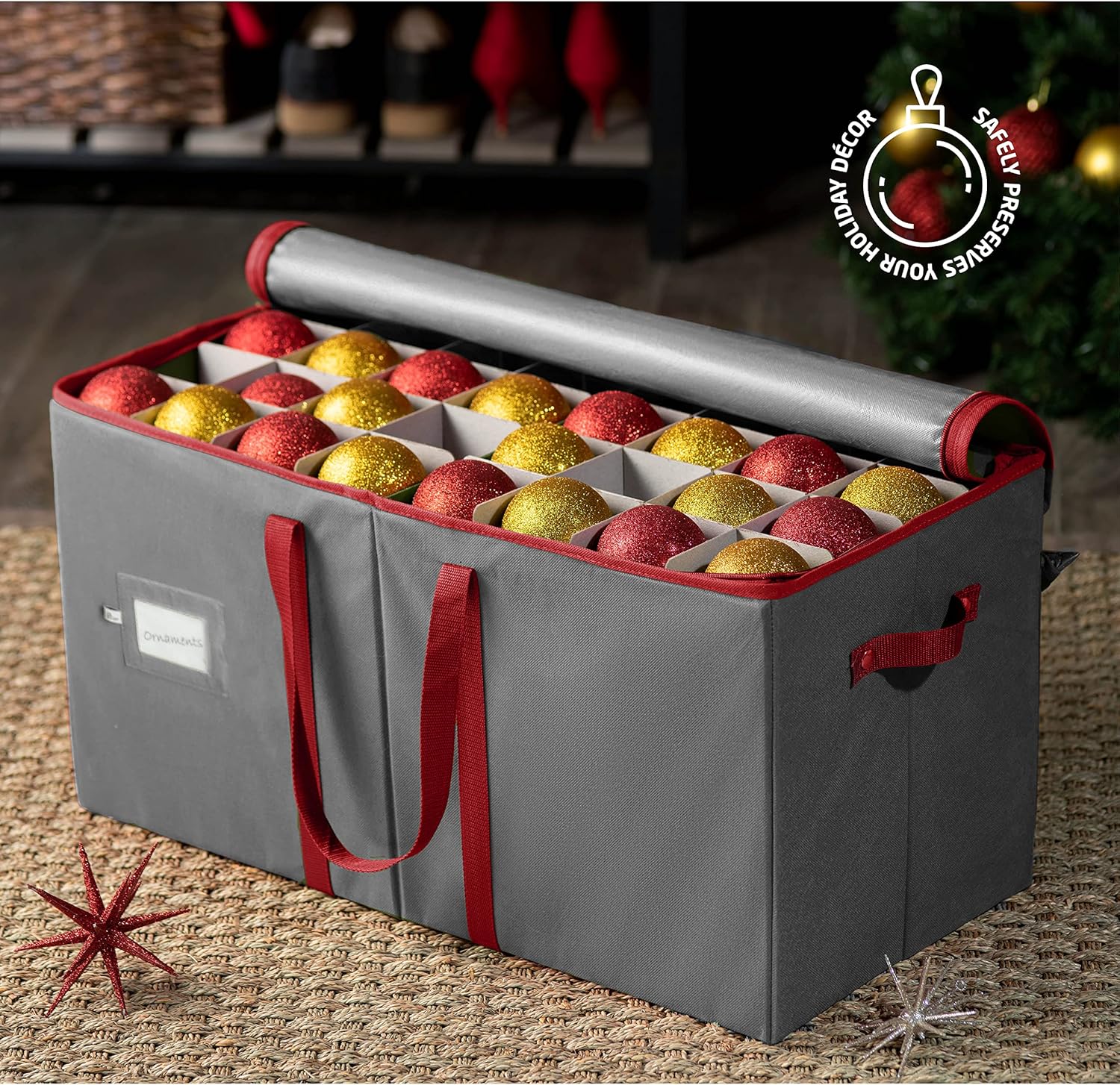 ZOBER Large Christmas Ornament Storage Box | Holds 128 3" Ornaments with Dividers - Durable Gray Organizer