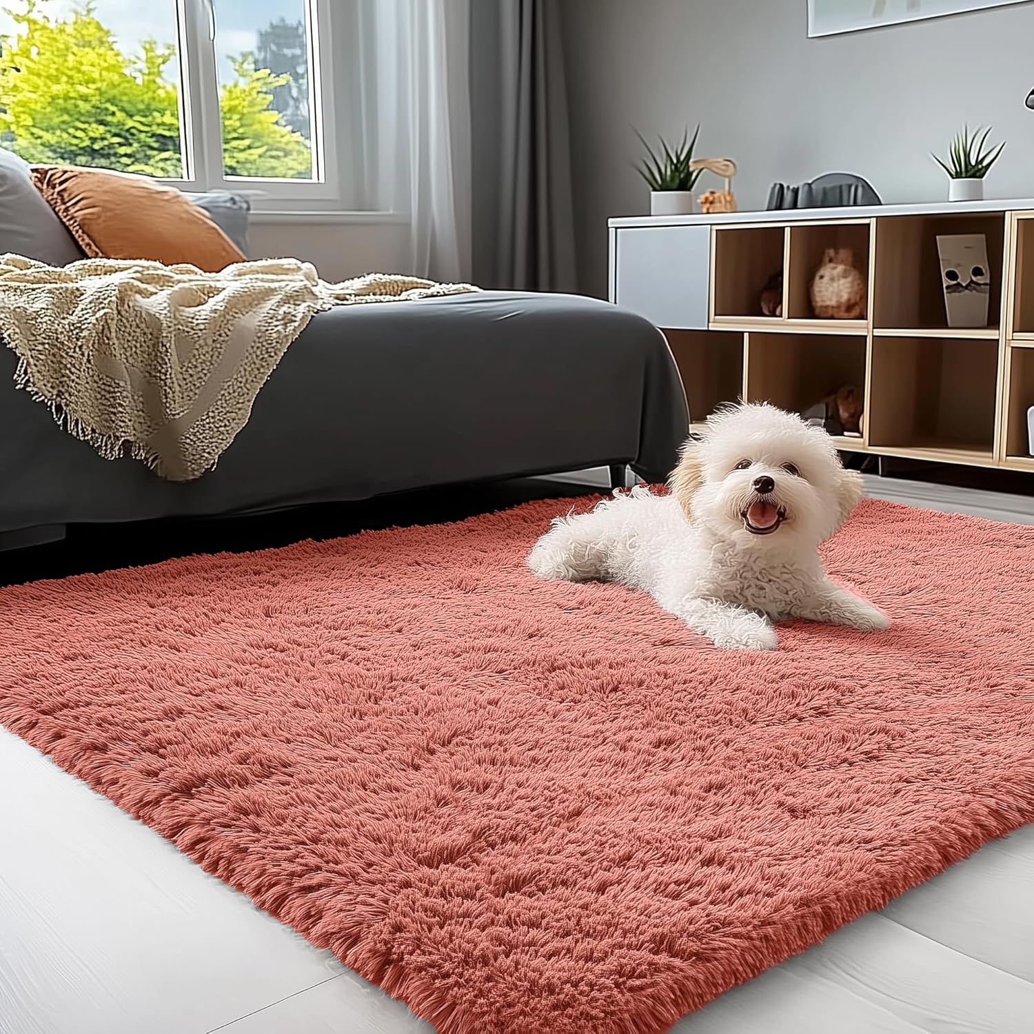 OLANLY 3x5 Soft Fluffy Shaggy Bedside Rug - Machine Washable Indoor Carpet for Kids & Nursery | Rust Red