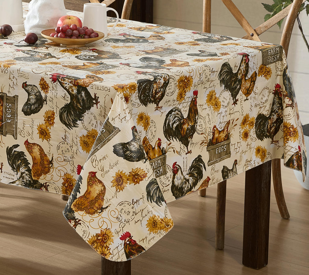 Newbridge Farm Fresh Rooster Rectangle Vinyl Flannel Backed Tablecloth, 60 x 102 Inch, Indoor Outdoor Vinyl Table Cloth, Roosters and Hens