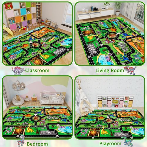 DINSUMRUG Kids Rugs for Playroom 59"×39.4" Dinosaur Car Play Mat Robot Dinosaur Park Road Educational Dino Road Rug for Toy Car Jurassic Themed Play Carpet for Kids, Toddlers, Nursery, Classroom