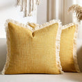 Mustard Yellow Faux Linen Decorative Throw Pillow Covers 18x18 Inch Set of 2 Boho Farmhouse Pillowcases with Tassels Rustic Woven Textured Burlap Cushion Cases for Sofa Bed Living Room Home Decor