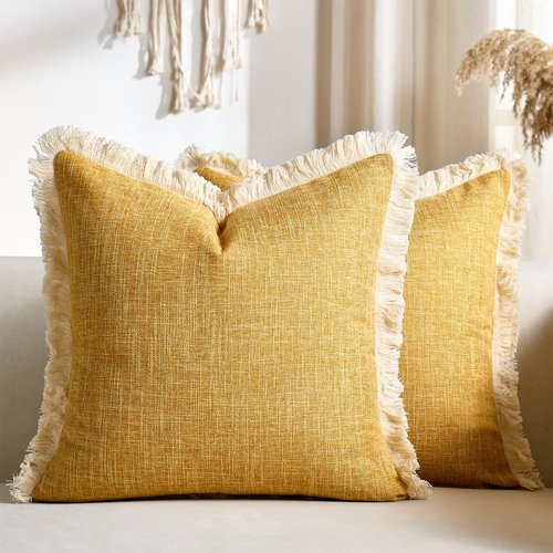 Mustard Yellow Faux Linen Decorative Throw Pillow Covers 18x18 Inch Set of 2 Boho Farmhouse Pillowcases with Tassels Rustic Woven Textured Burlap Cushion Cases for Sofa Bed Living Room Home Decor