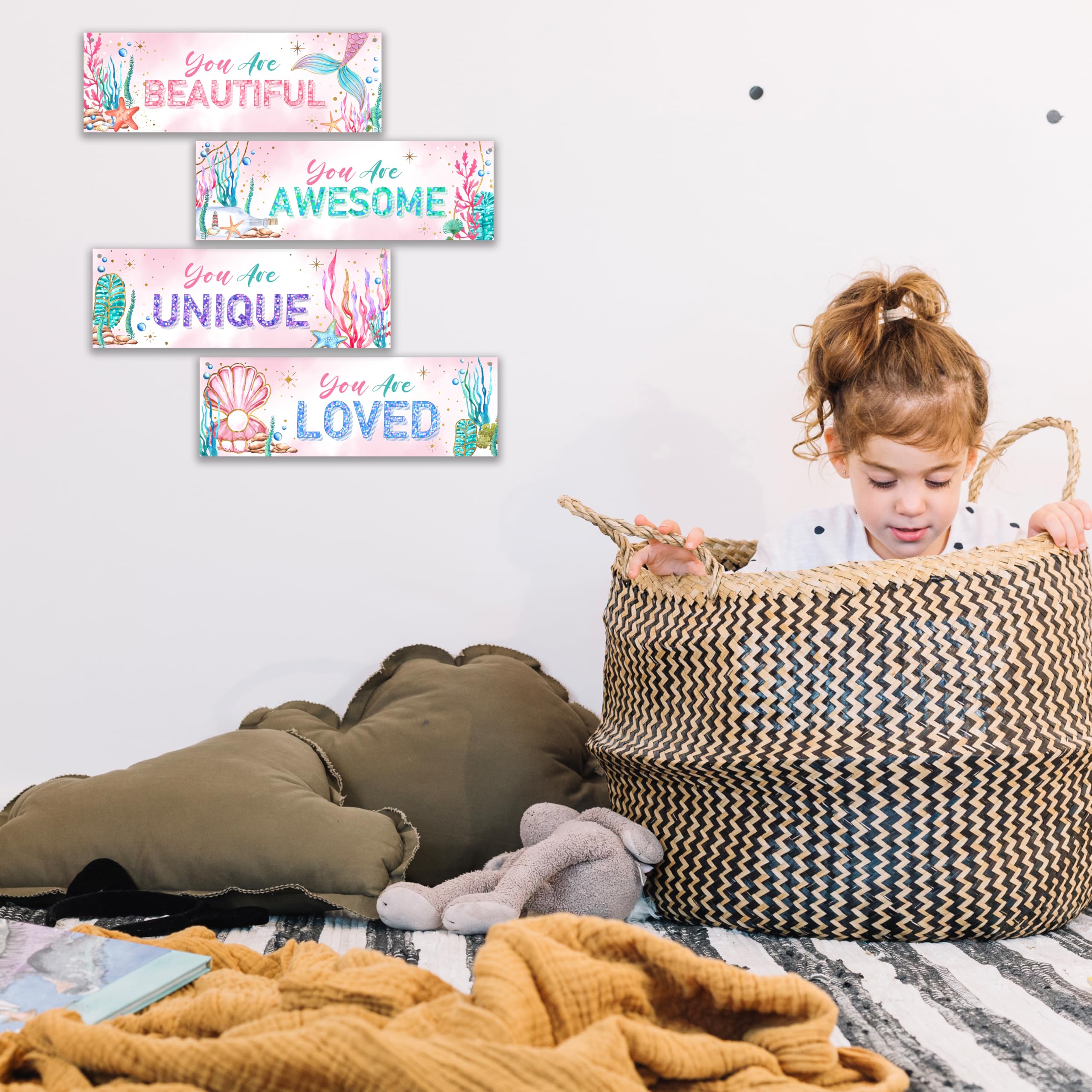 4 Pieces Mermaid Girls Bathroom Room Decor, 11.8" x 3.9" Under the Sea Wall Decor Wood Sign, Motivational Wall Art For Kids Room Nursery Playroom Classroom-A07
