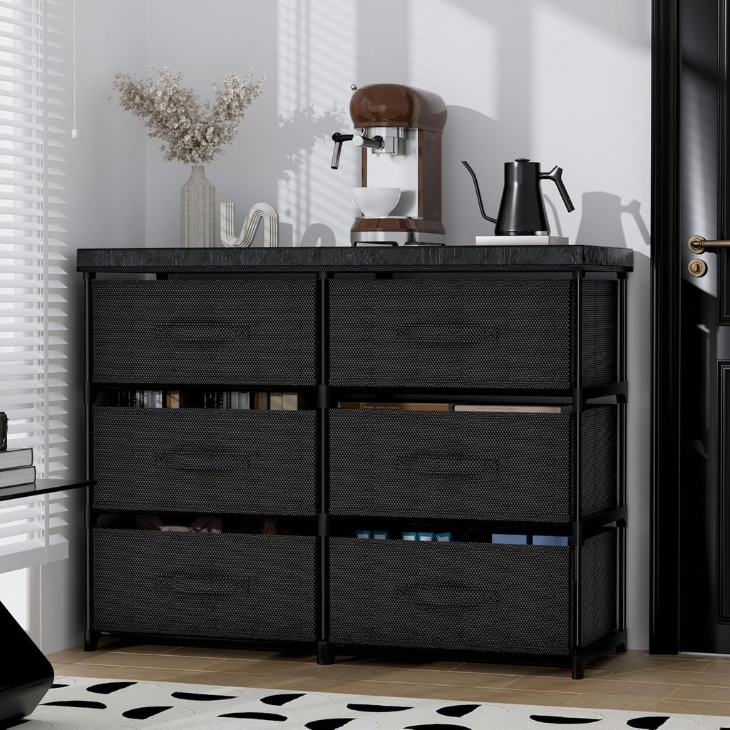 PPN Dresser - 6 Fabric Drawer Storage Cabinet for Living Room & Bedroom - Sturdy Metal Frame, Black