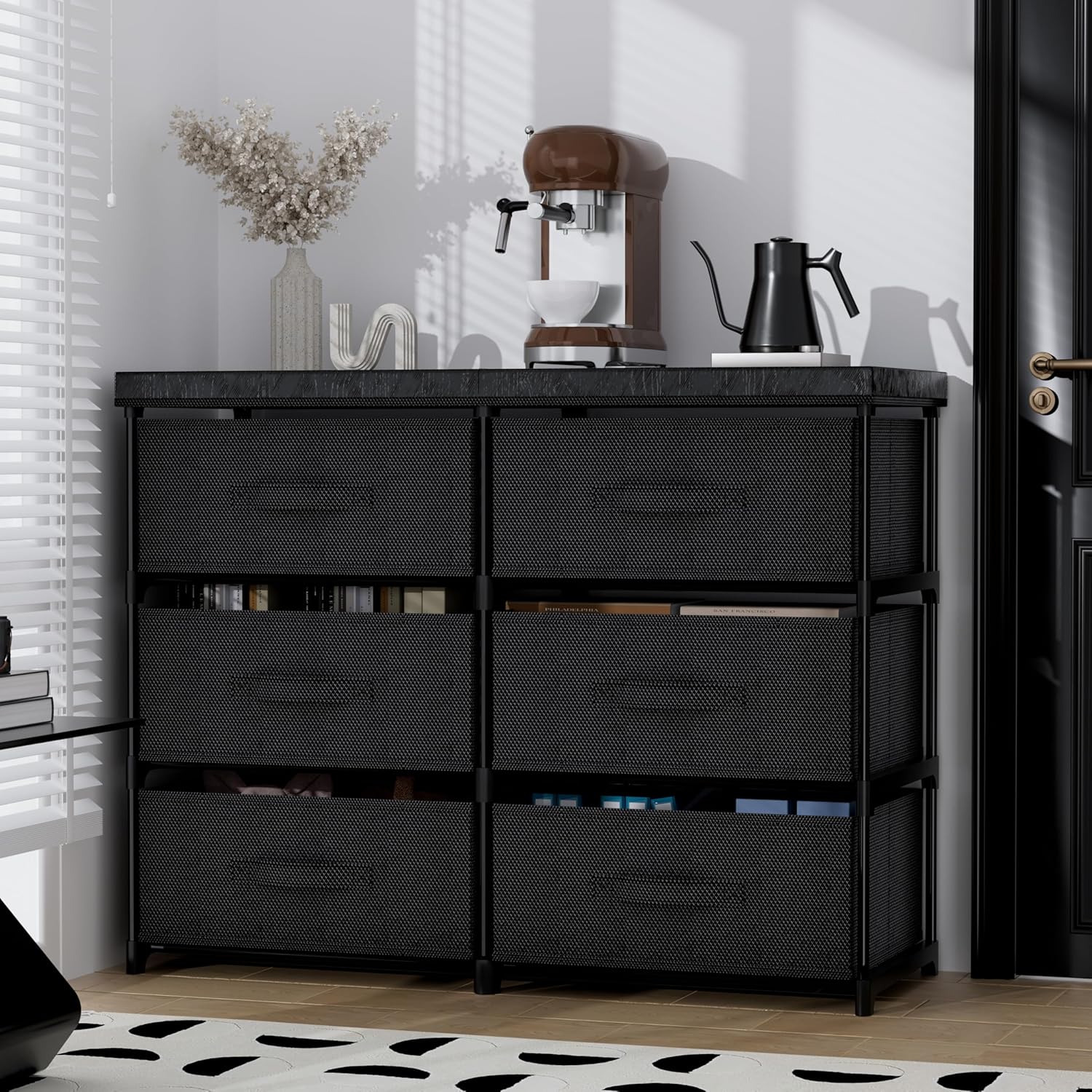 PPN Dresser - 6 Fabric Drawer Storage Cabinet for Living Room & Bedroom - Sturdy Metal Frame, Black