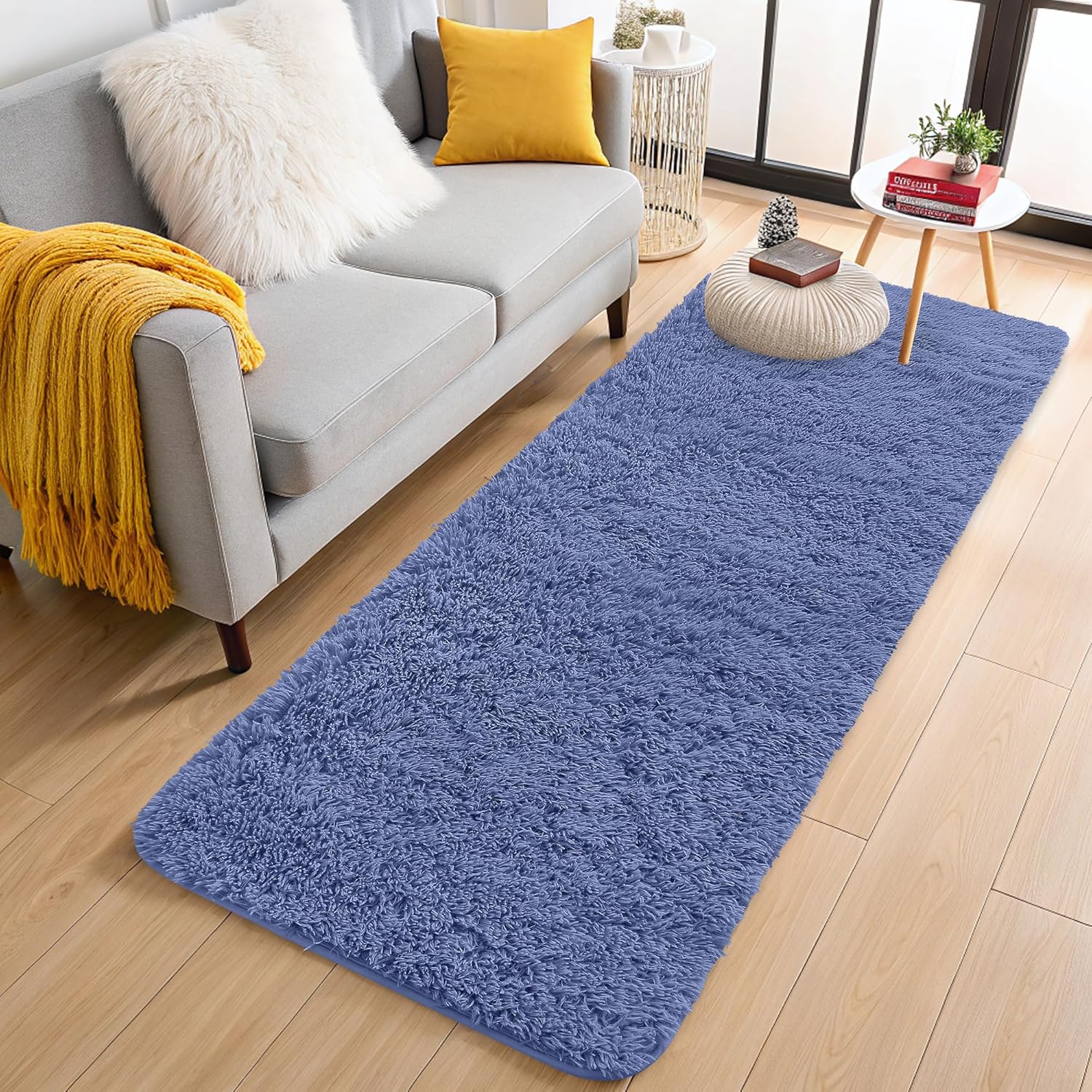OLANLY 2x6 Machine Washable Runner Rug - Soft Fluffy Shaggy Indoor Carpet for Bedroom & Hallway | Denim Blue