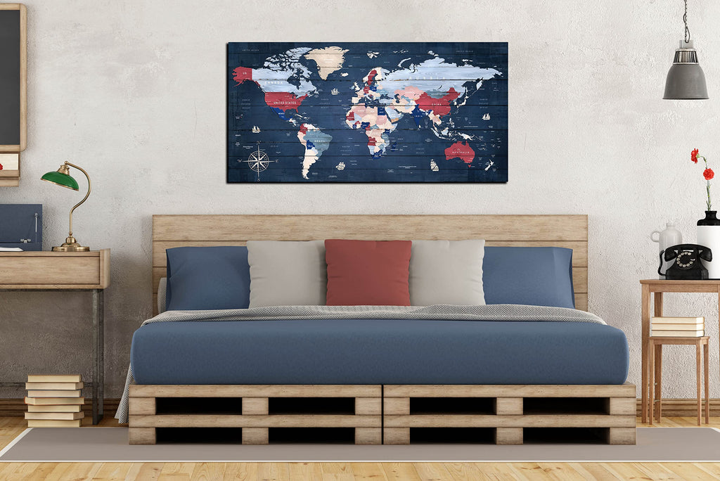 ZHAOSHOP Blue World Map Wall-Art For Office - Large World Maps For Wall - Canvas Wall Art Stretched and Framed Ready to Hang Size 40" x 20"