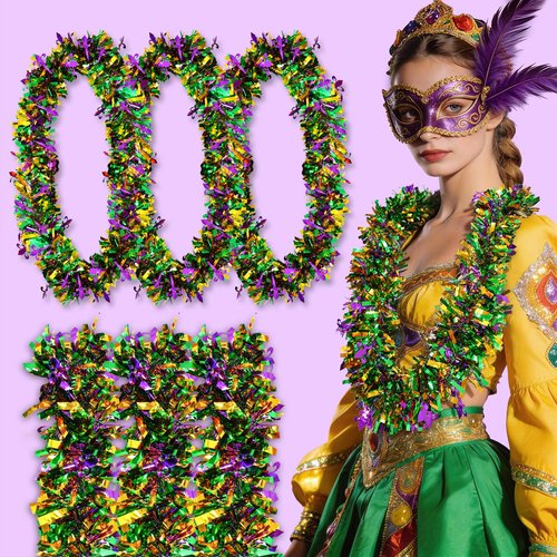 Mega-L 12 Pcs Necklace for Mardi Gras, Mardi Gras Decorations, 19 inch Tinsel Garlands Metallic Purple Green Gold Photo Booth Prop Backdrop for Parade, Carnival Celebrations, Mardi Gras Party Decorations