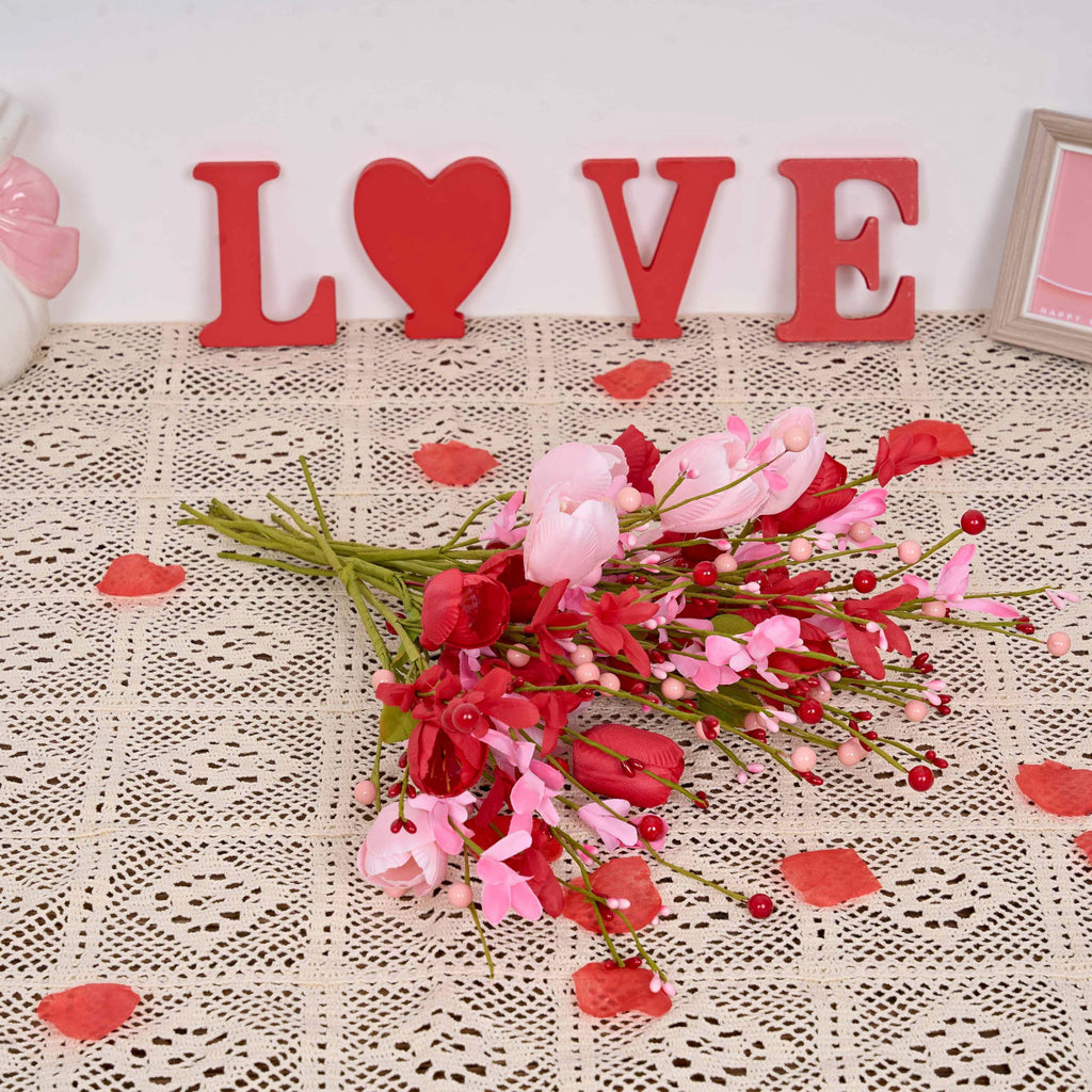 WSTPUPU Valentine's Day Gifts 12 Pack Artifcial Valentine Decorations 17 Inch Valentines Day Pink Picks with Red Tulip Pink Love Heart Berries for Valentine Wedding Anniversary Party Decor