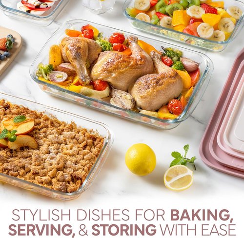 Cook With Color 8-Piece Glass Baking Dish Set with Lids - Deep Casserole & Food Storage, Oven Safe, Pink