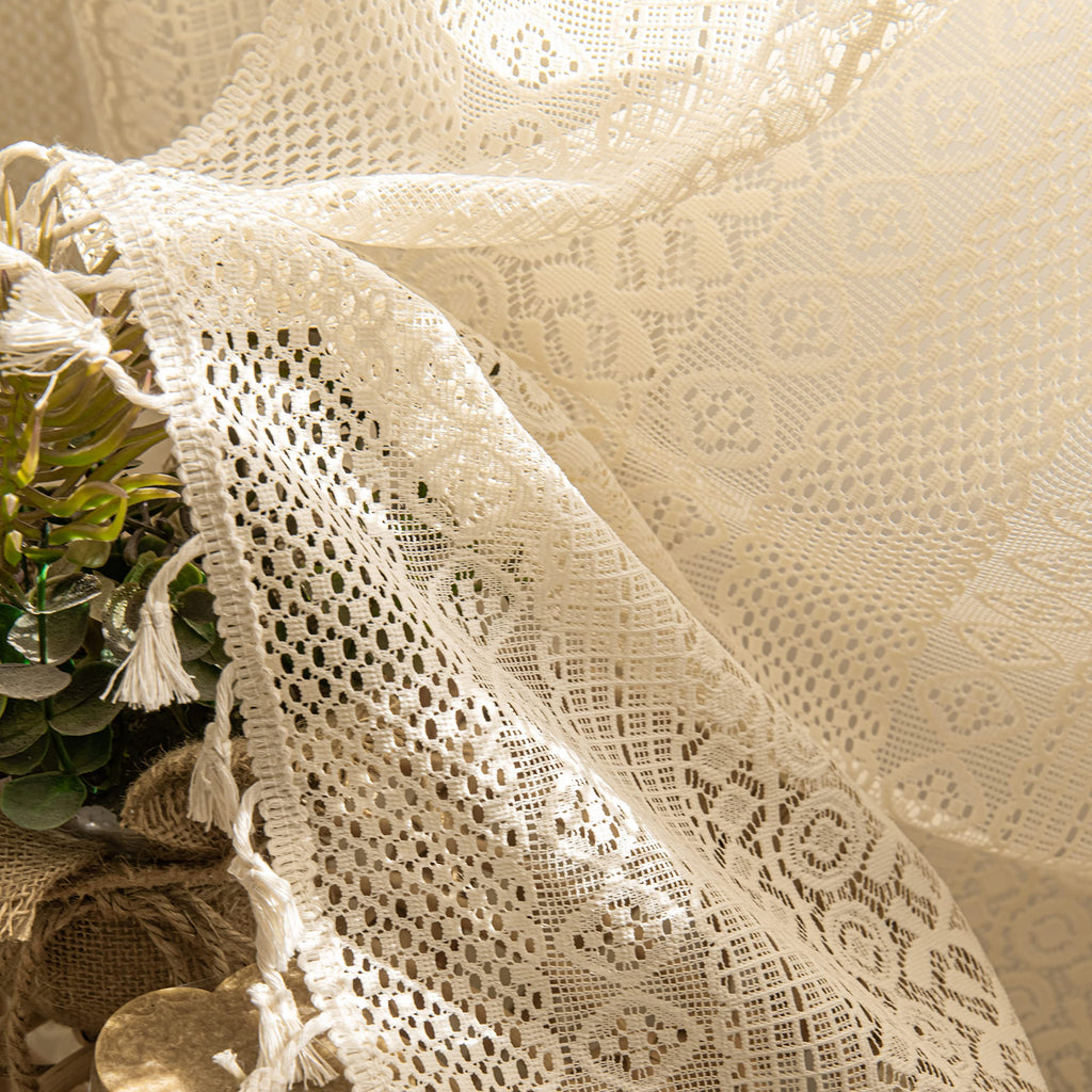 Sutuo Home Boho Curtains 84 Inches Length for Bedroom, Window Treatments Bohemian Sheer Crochet Lace Vintage Drapes Pair, Beige Geometry Knitted with Handmade Tassels Rod Pocket, 52" x 84"，2 Panels