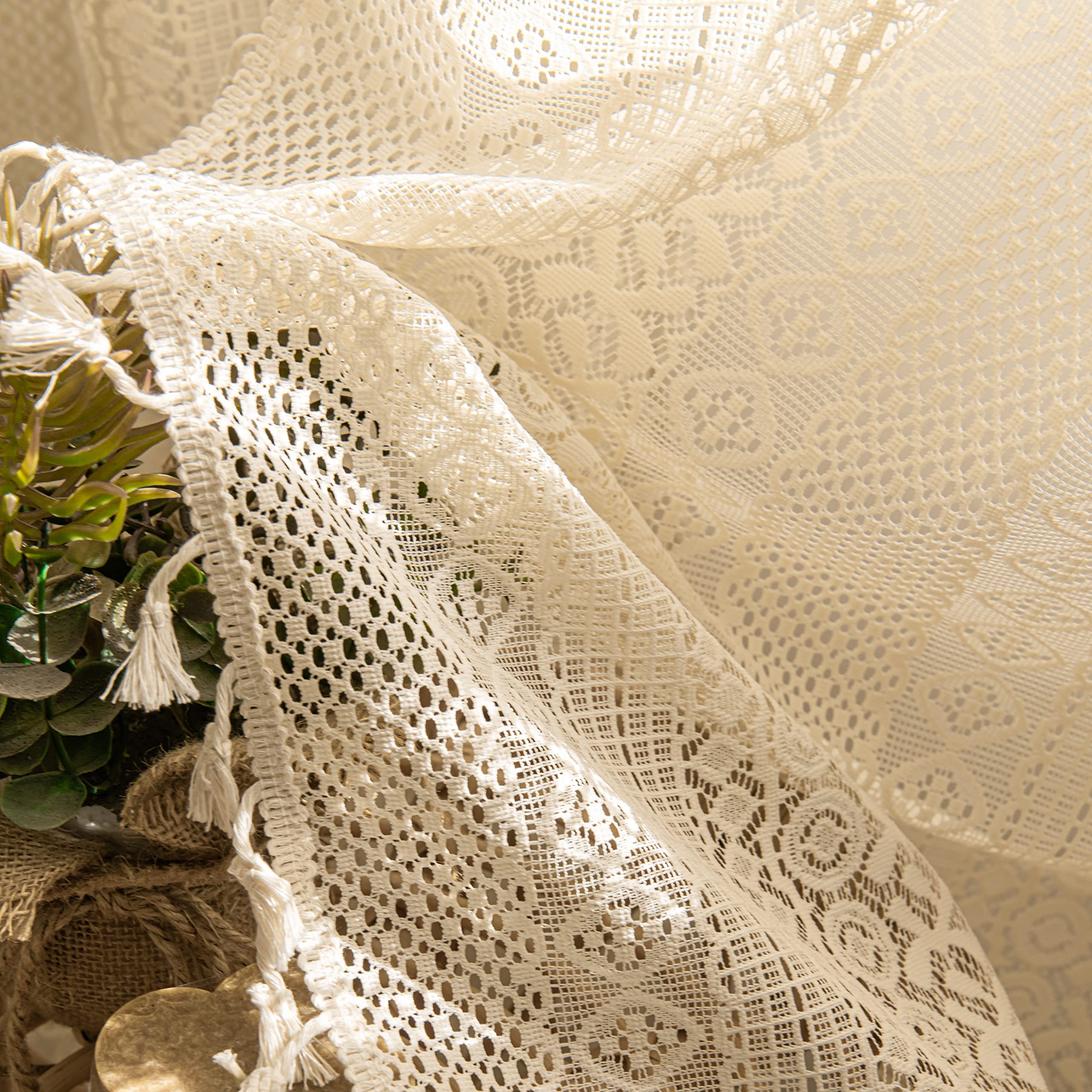 Sutuo Home Boho Curtains 84 Inches Length for Bedroom, Window Treatments Bohemian Sheer Crochet Lace Vintage Drapes Pair, Beige Geometry Knitted with Handmade Tassels Rod Pocket, 52" x 84"，2 Panels