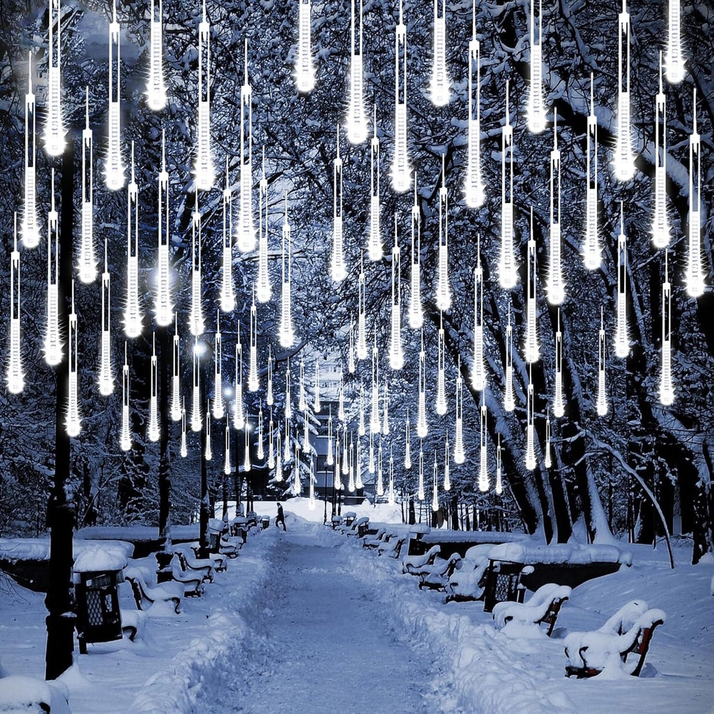 Skiennix Meteor Shower Lights - 2 Pack Outdoor Christmas Decorations with Timer | 384 LED, 30cm Tubes, Cool White