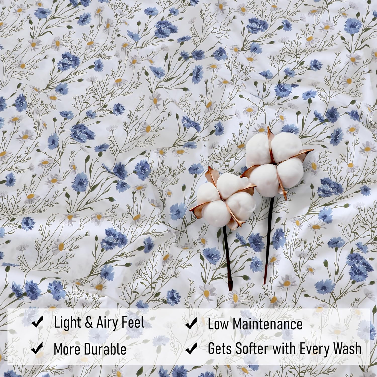 RUVANTI King Size Cotton Sheets - 100% Percale Bedding, Cooling Floral Design, 16" Deep Pocket, 4-Piece Set