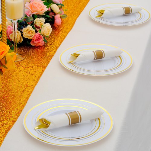 ISFANGCO 100 Pack Pre Rolled Gold Plastic Silverware Set with Napkins,Disposable Wrapped Heavy Duty Cutlery Set for Wedding Birthday Party-100 Forks,Knives,Spoons,Utensils Set,Plasticware Bulk
