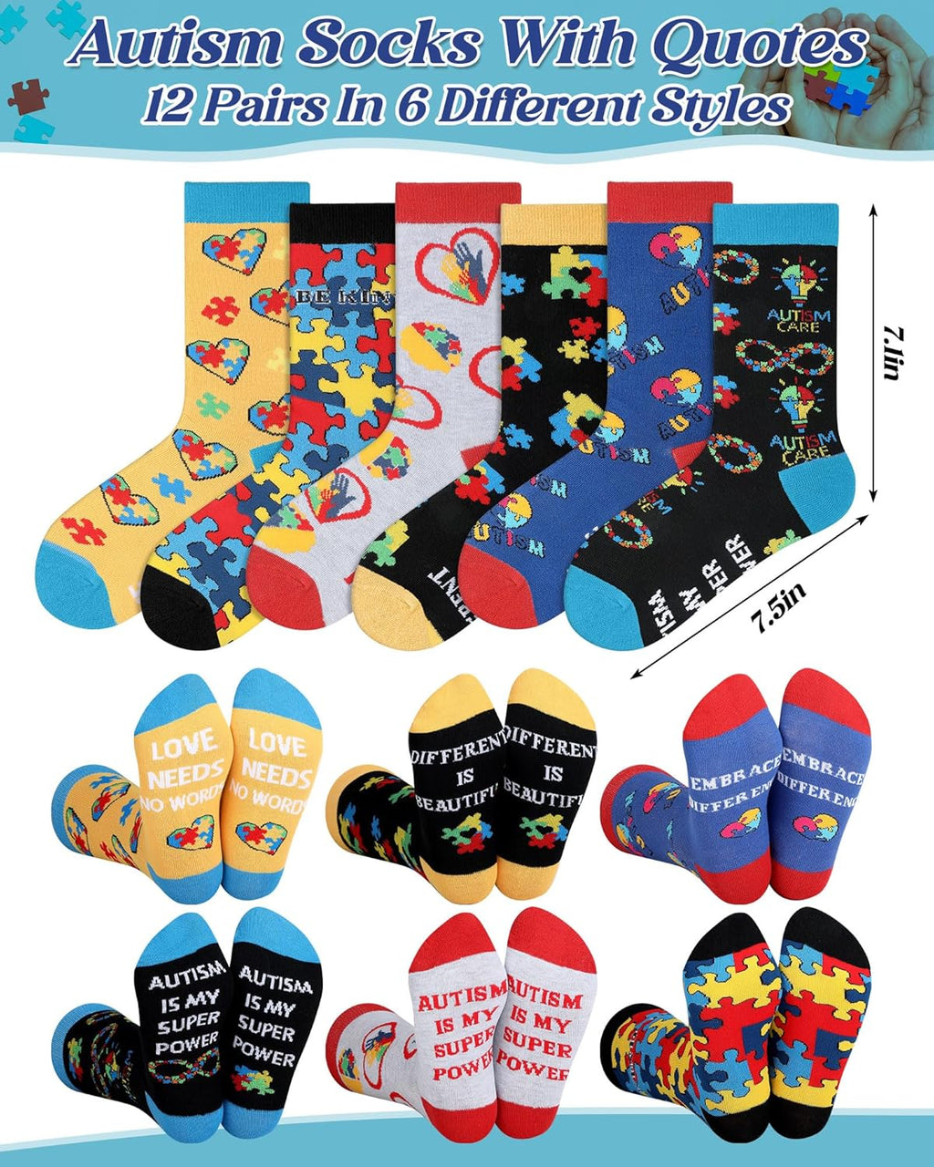 Skiennix Autism Awareness Socks - 12 Pairs Colorful Graphic Design for Men & Women | Perfect Gift Idea