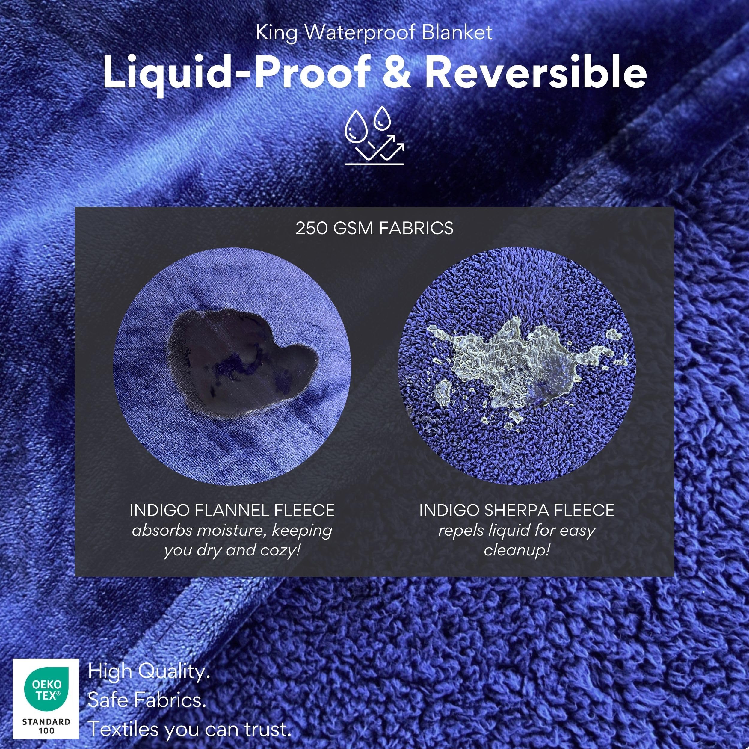 Waterproof Blanket King Size (Indigo, 82x82") Absorbent, Leakproof Fleece Protector for Bed, Couch - Water Proof and Stain Resistant, Plush Throw Blankets, Moisture Repellant Top Cover, Sherpa Throws