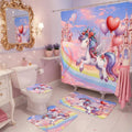 Glowevera Vivantia 4Pcs Unicorn Girls Shower Curtain with Memory Rugs, Kids Bathroom Sets with Cute Uicorn Shower Curtain, Non-Slip Rug,Toilet Lid Cover Bath Mat and 12 Hooks,Gift for BoyGirl Kids