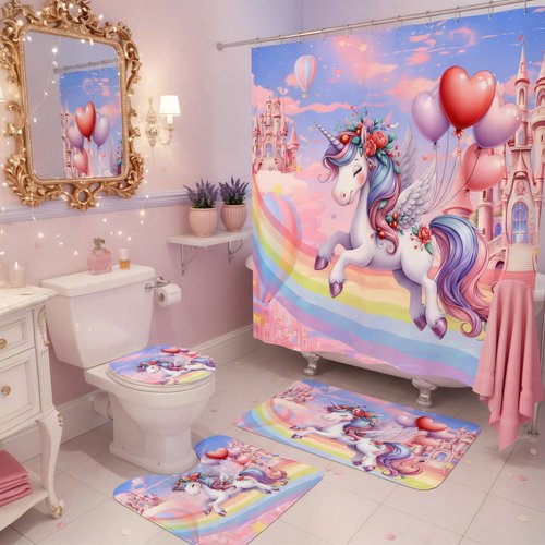 Glowevera Vivantia 4Pcs Unicorn Girls Shower Curtain with Memory Rugs, Kids Bathroom Sets with Cute Uicorn Shower Curtain, Non-Slip Rug,Toilet Lid Cover Bath Mat and 12 Hooks,Gift for BoyGirl Kids