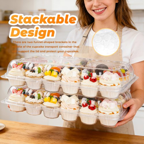 LOKQING 24 Count Cupcake Containers 10 Pack Cupcake Holders Plastic Clear Disposable Cupcake Containers with Detachable Tall Dome Lids and 360 Liners for 240 Cupcakes, BPA Free, Standard Size