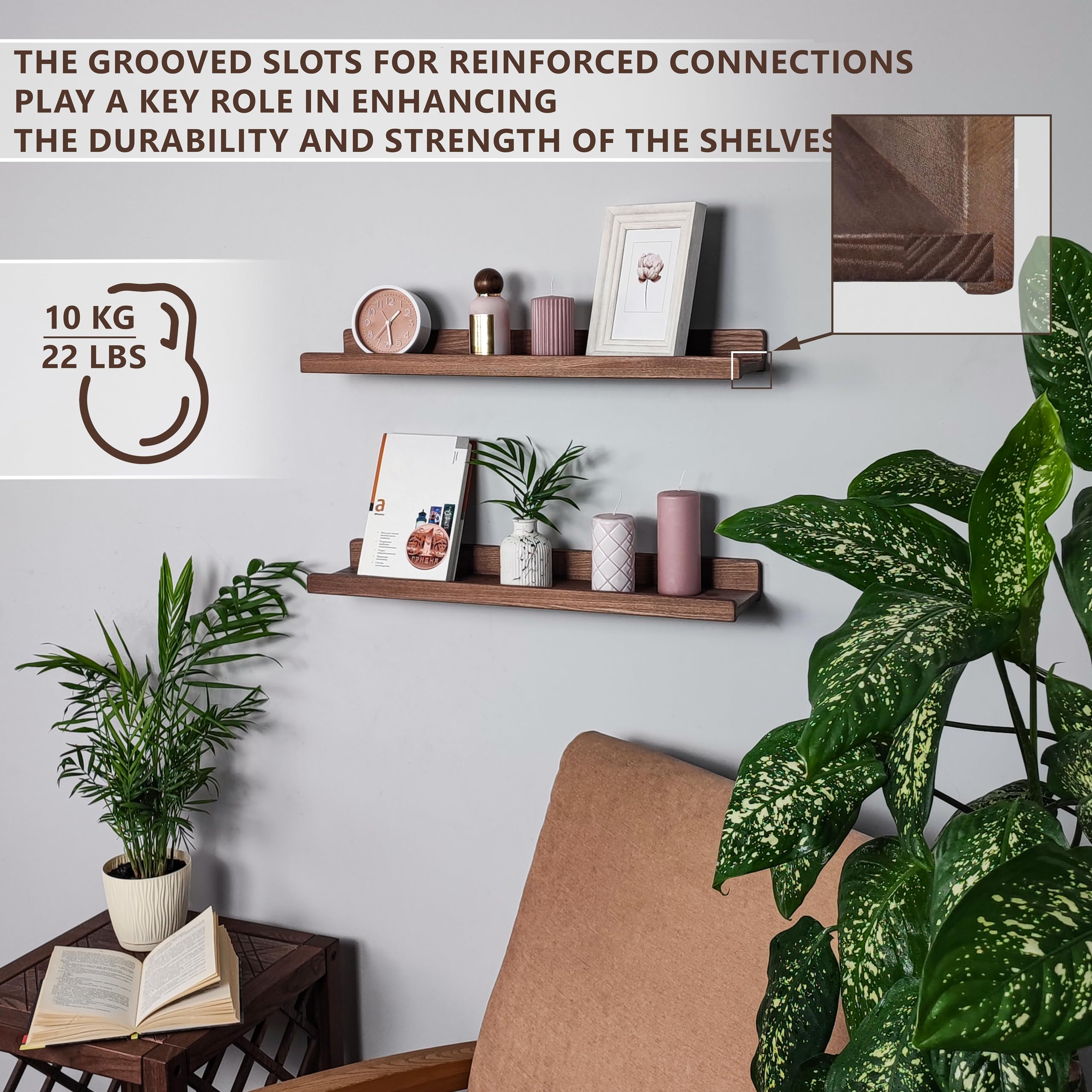 Floating Shelves for Wall 24 inch, Waterproof, Wall Storage Shelves with Lip, Display Picture Ledge Shelf for Photo Frame, Natural Wood Hanging Book Shelves (American Walnut, Set 2)