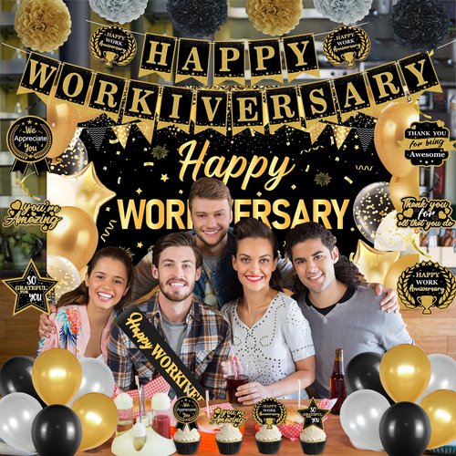 DARUNAXY Happy Workiversary Party Decorations for Men Women, Black Gold Happy Work Anniversary Banner Cake Topper Hanging Swirl Confetti Balloons Decor Set for Employee Office Party Supplies(31PC)