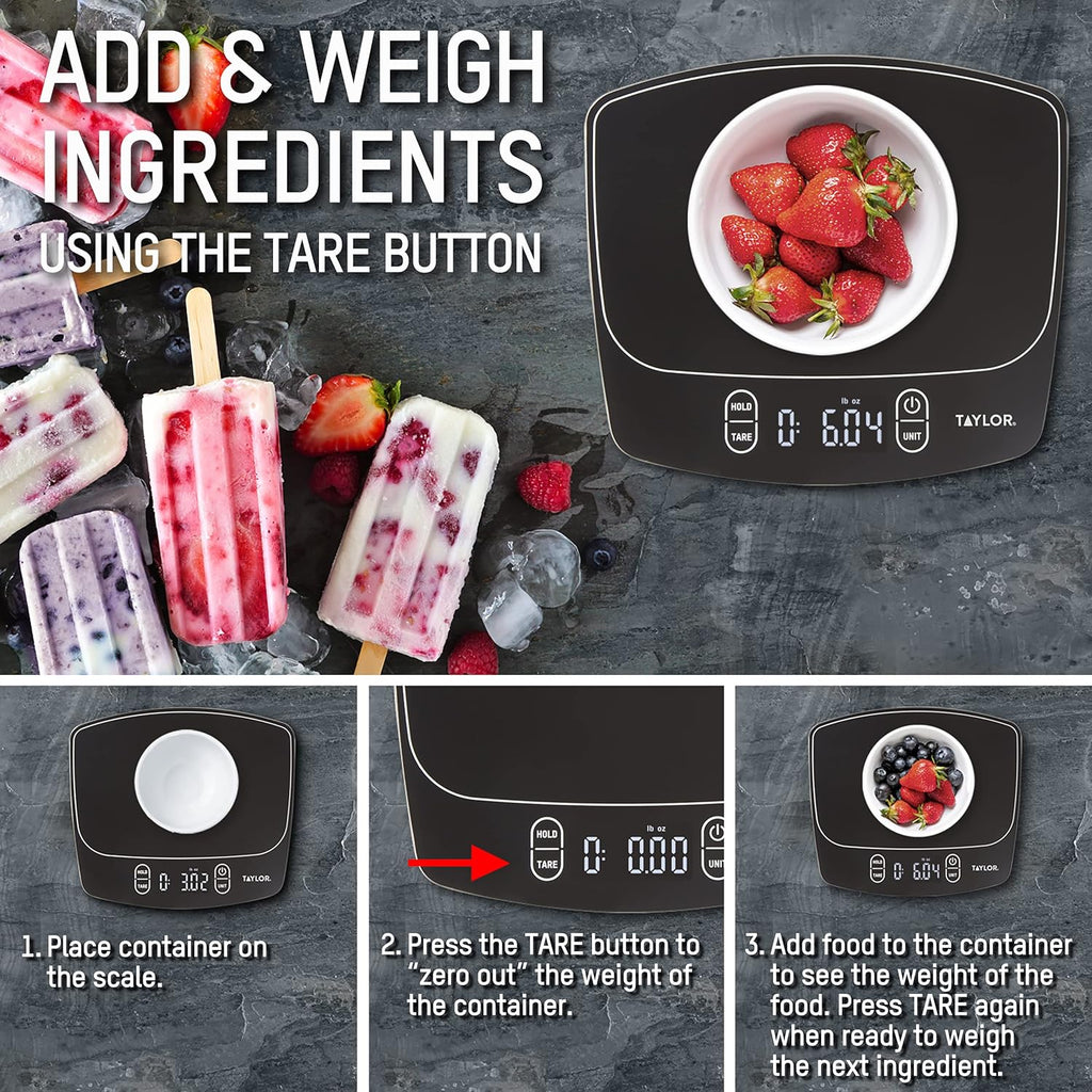 Taylor Waterproof Digital Kitchen Scale - Accurate Measurement Up to 11 Pounds | Sleek Black Design