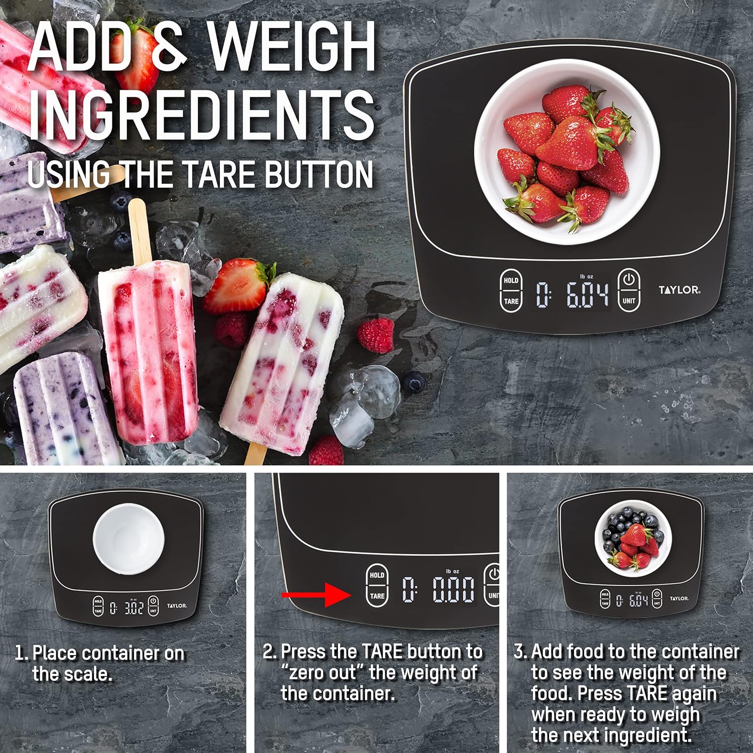 Taylor Waterproof Digital Kitchen Scale - Accurate Measurement Up to 11 Pounds | Sleek Black Design