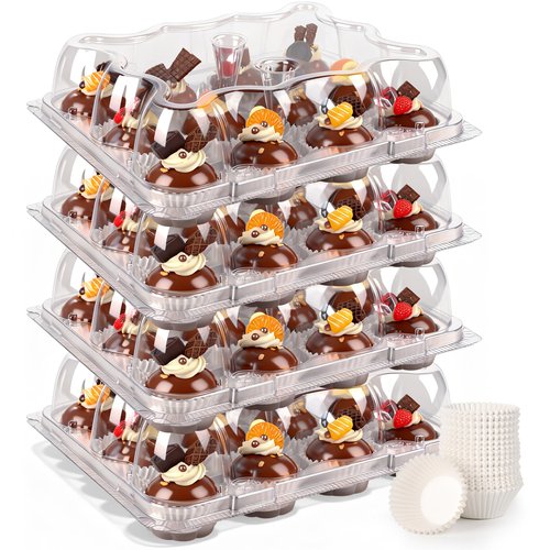 LOKQING 12 Count Mini Cupcake Containers 20 Sets with 240 Pack Cupcakes Liners, Plastic Cupcake Holder, Stackable Mini Cupcake Boxes Carrier, Clear Disposable Cupcake Trays, High Dome