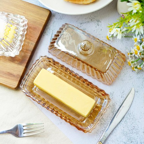 QFkirs Amber Glass Butter Dish with Lid, Crystal Covered Butter Dish for Countertop for Kitchen Dining Table Decor, Butter Tray Keeper Container