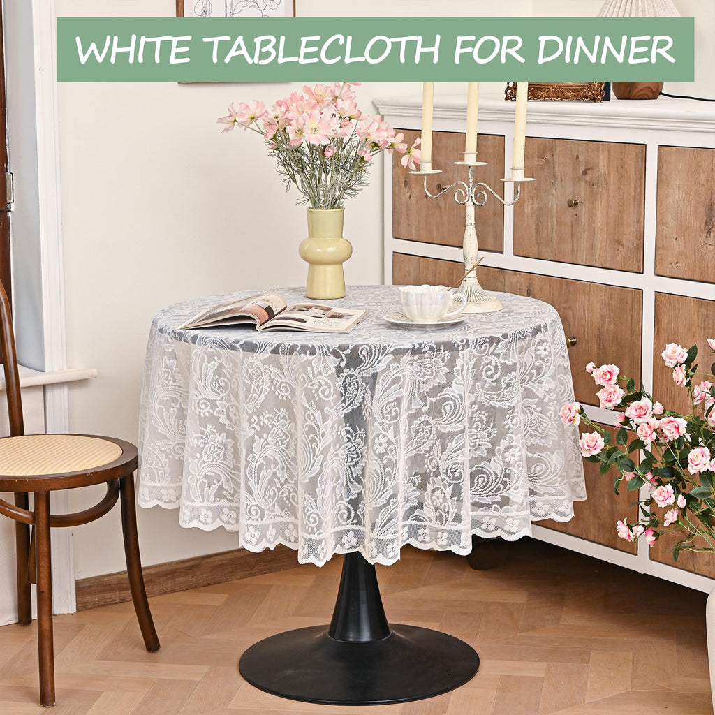 Jayla White Lace Round Tablecloth 60 Inches Phoenix Tail Flower Embroidered Wedding Table Cloths for Summer Outdoor Party Reception, Dinner Party, Baby Shower, Decorations, Home Decor