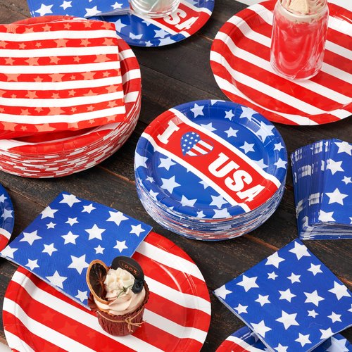 JOYIN 200 Pcs July 4th Plates & Napkins Patriotic Party Supplies, American Flag Patriotic Paper Plates Napkins, 4th of July Memorial Independence Day Party Tableware Decoration Supply, Serve 50