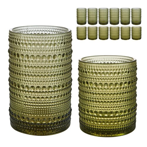 HomeVogue Vintage Hobnail Drinking Glasses Set of 12, 15 oz Highball Glasses & 12 oz Cocktail Glasses Set, Green Kitchen Water Glasses Cup, Bar Tumbler Glassware Set for Beer, Juice, Whiskey, Milk